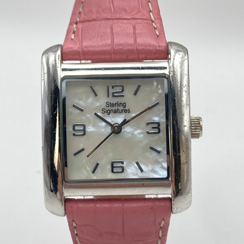 Sterling Signatures Women's Watch 28mm Silver 925 MOP Dial Leather New Battery
